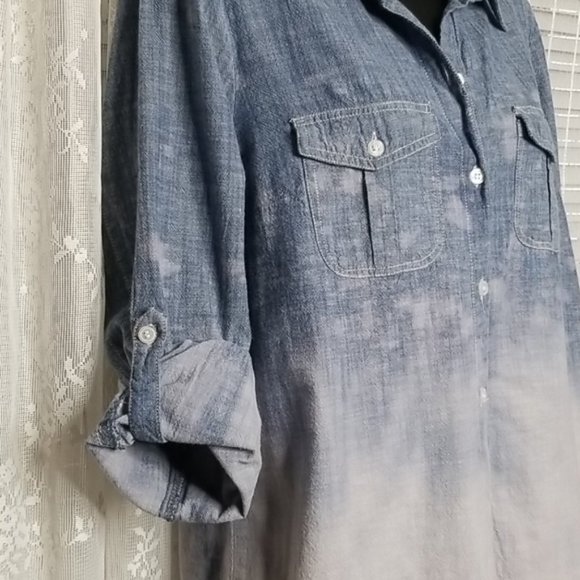 Denim Ombre Bleach Dipped Button Up Shirt SzL - Picture 3 of 8